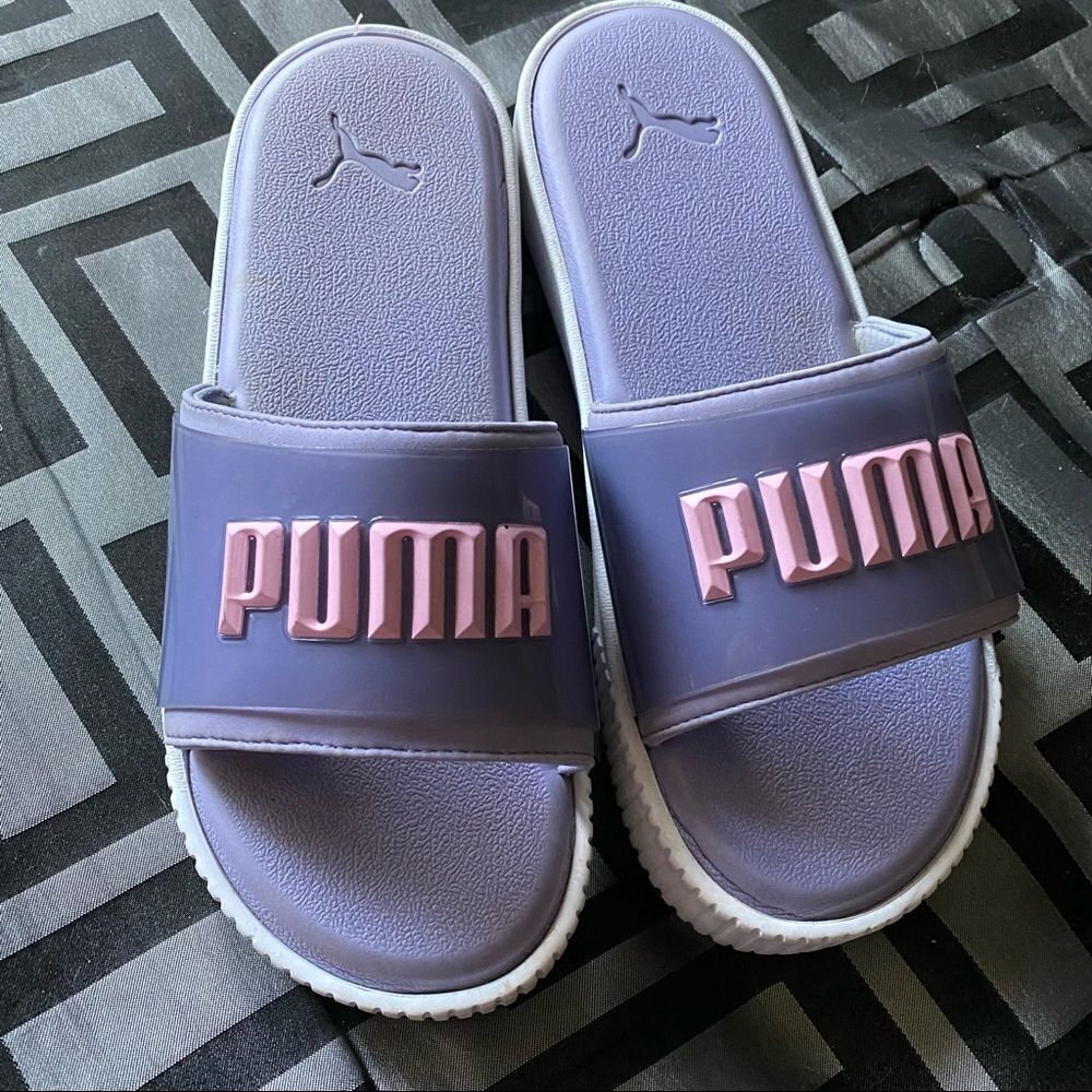 PUMA purple/pink lightweight slip on slippers, gloss top layer, thick platform